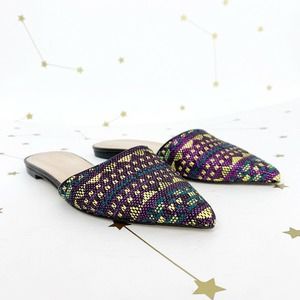 J Crew • Purple Metallic Geo Woven Harper Mules